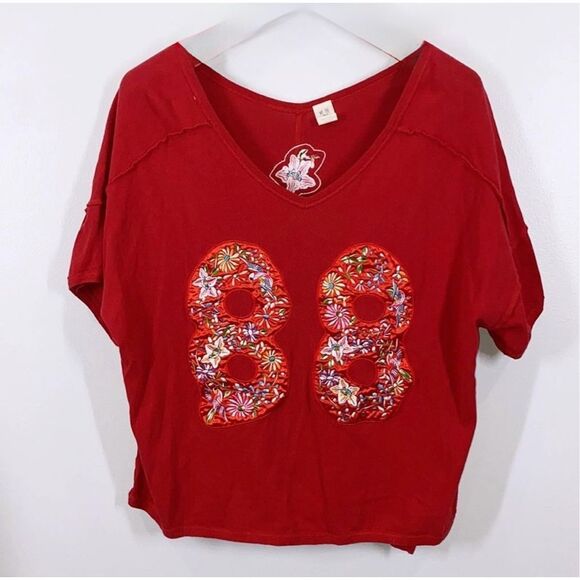 We the Free People Joni Red Embroidered Embellished Oversized Tee size Small “88 - Picture 1 of 3